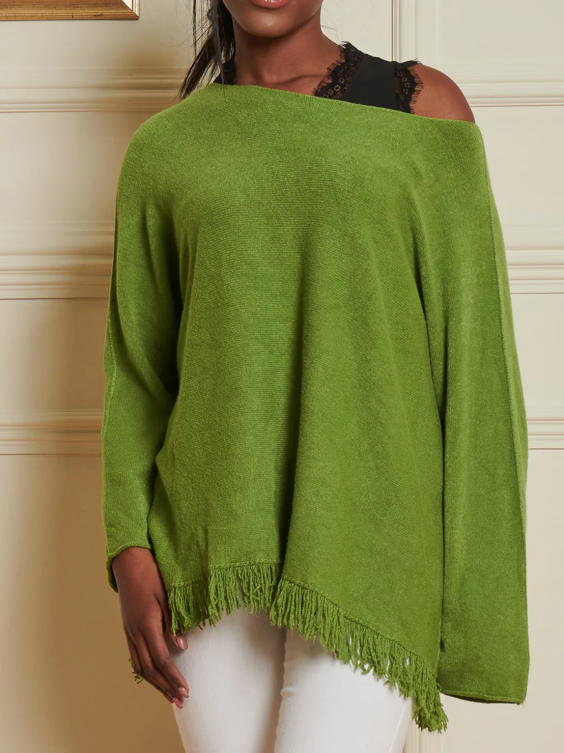 Knitted Fringe Detail Jumper, Olive Green