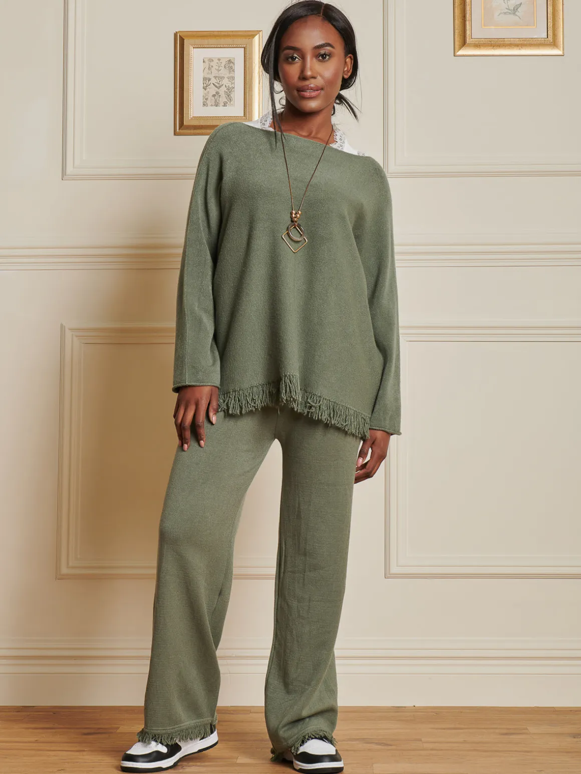 Knitted Fringe Detail Jumper, Soldier Green