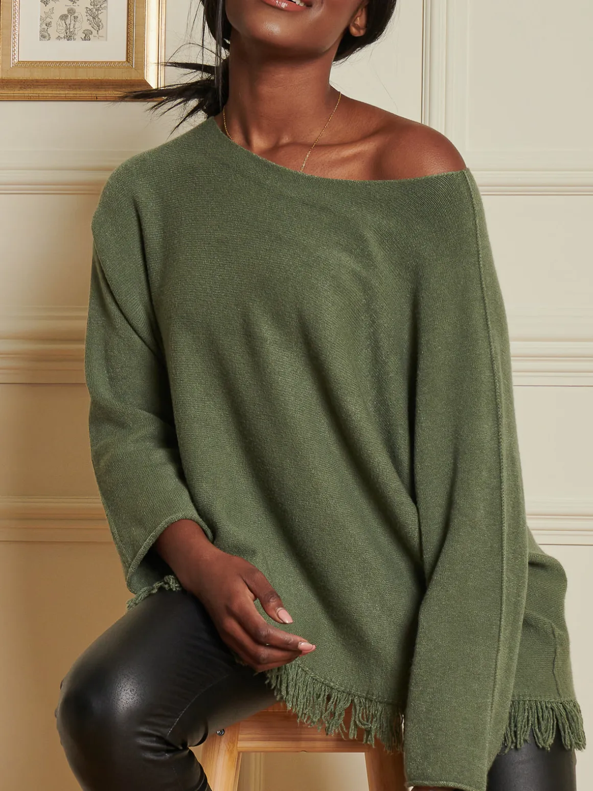 Knitted Fringe Detail Jumper, Soldier Green