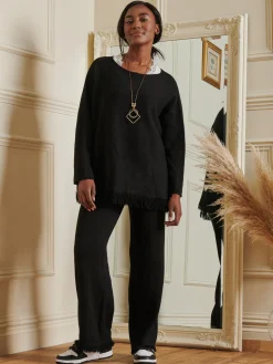 Knitted Fringe Detail Trousers, Black