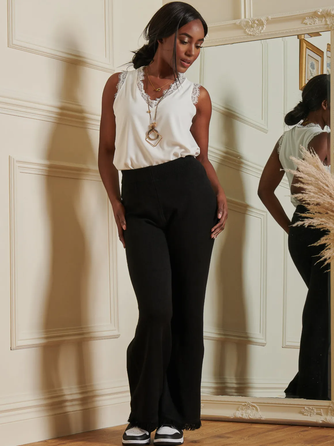 Knitted Fringe Detail Trousers, Black
