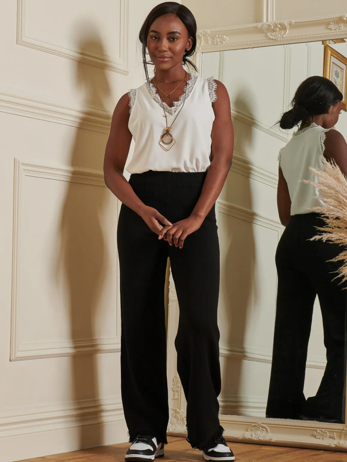 Knitted Fringe Detail Trousers, Black