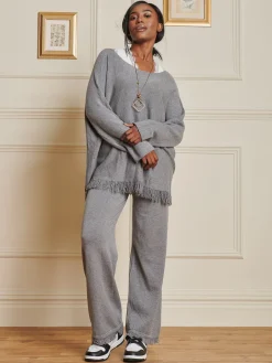 Knitted Fringe Detail Trousers, Grey
