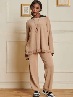 Knitted Fringe Detail Trousers, Khaki