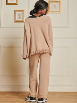 Knitted Fringe Detail Trousers, Khaki