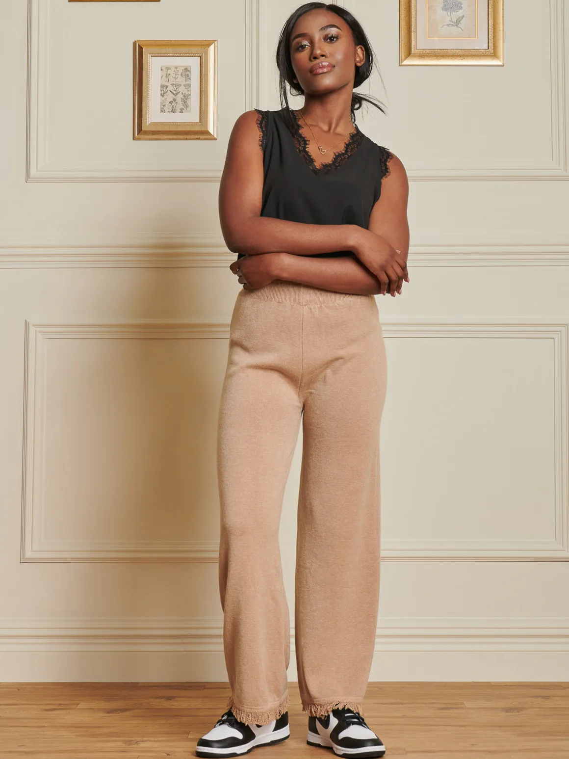 Knitted Fringe Detail Trousers, Khaki