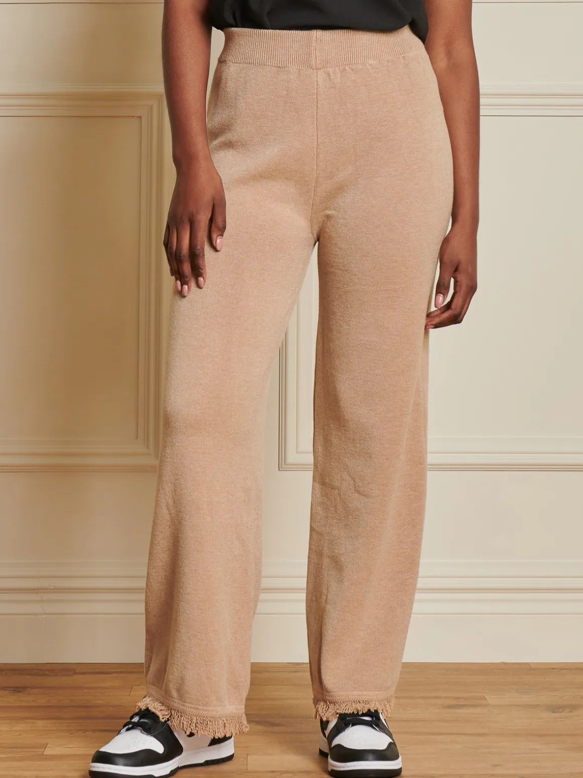 Knitted Fringe Detail Trousers, Khaki