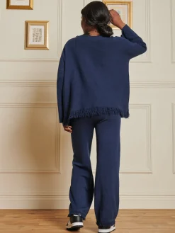 Knitted Fringe Detail Trousers, Navy