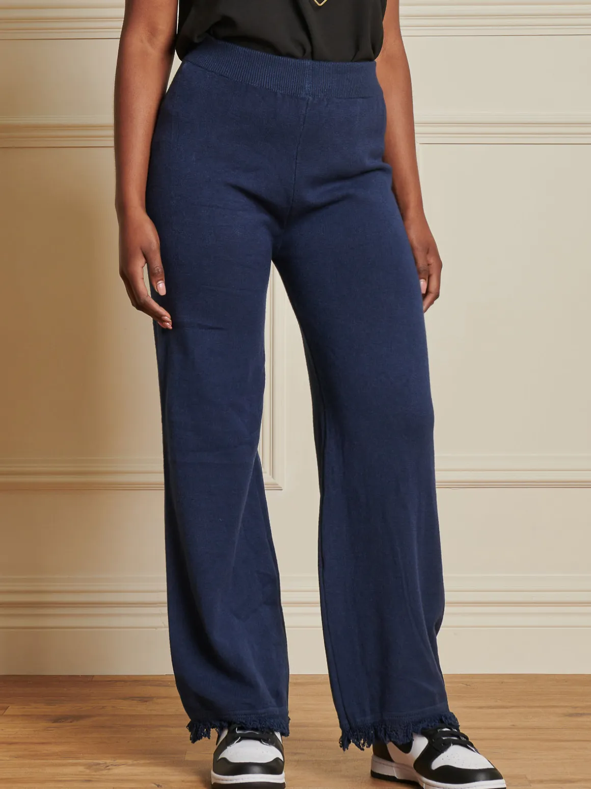 Knitted Fringe Detail Trousers, Navy