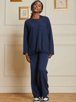 Knitted Fringe Detail Trousers, Navy
