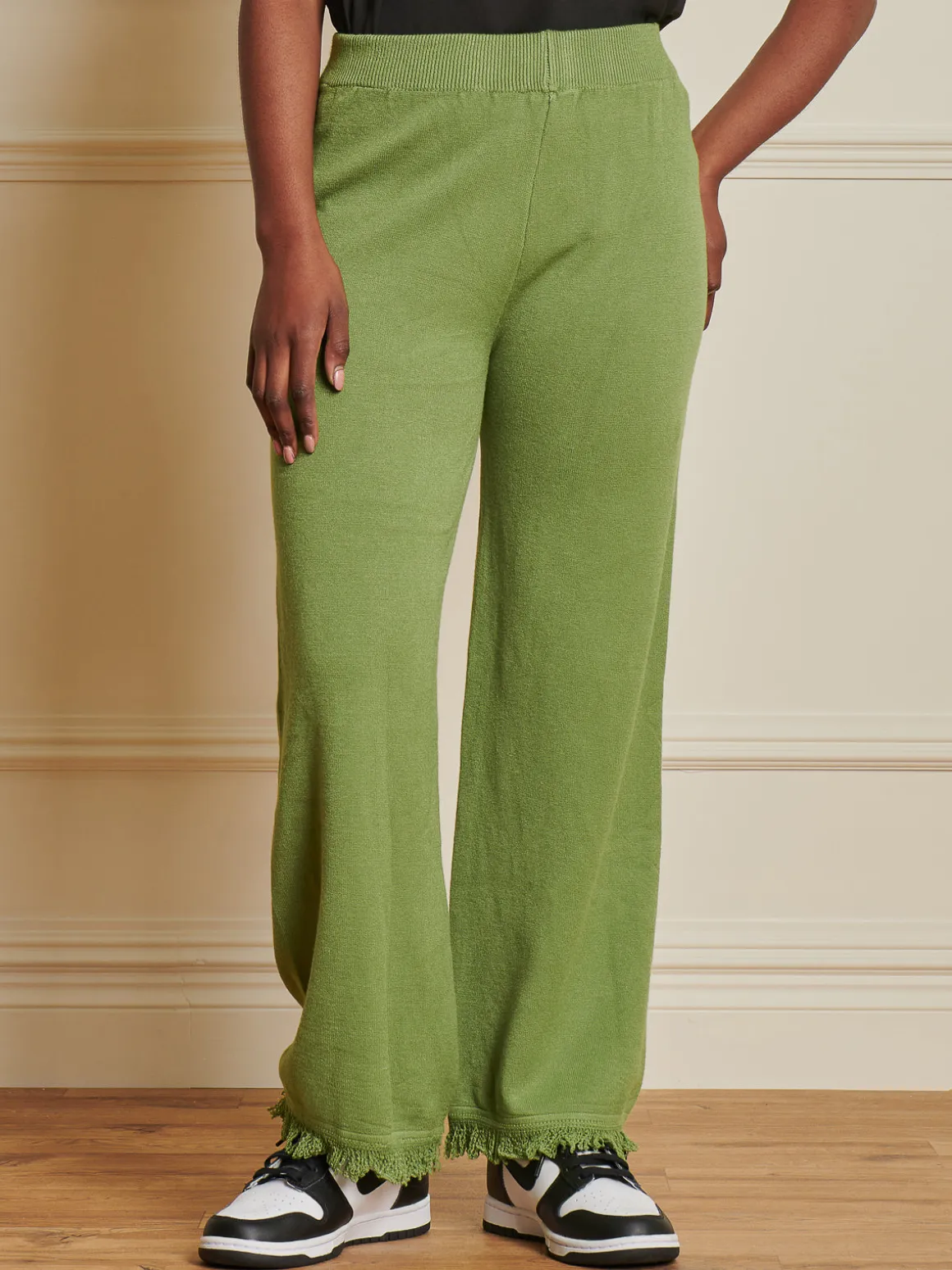 Knitted Fringe Detail Trousers, Olive Green