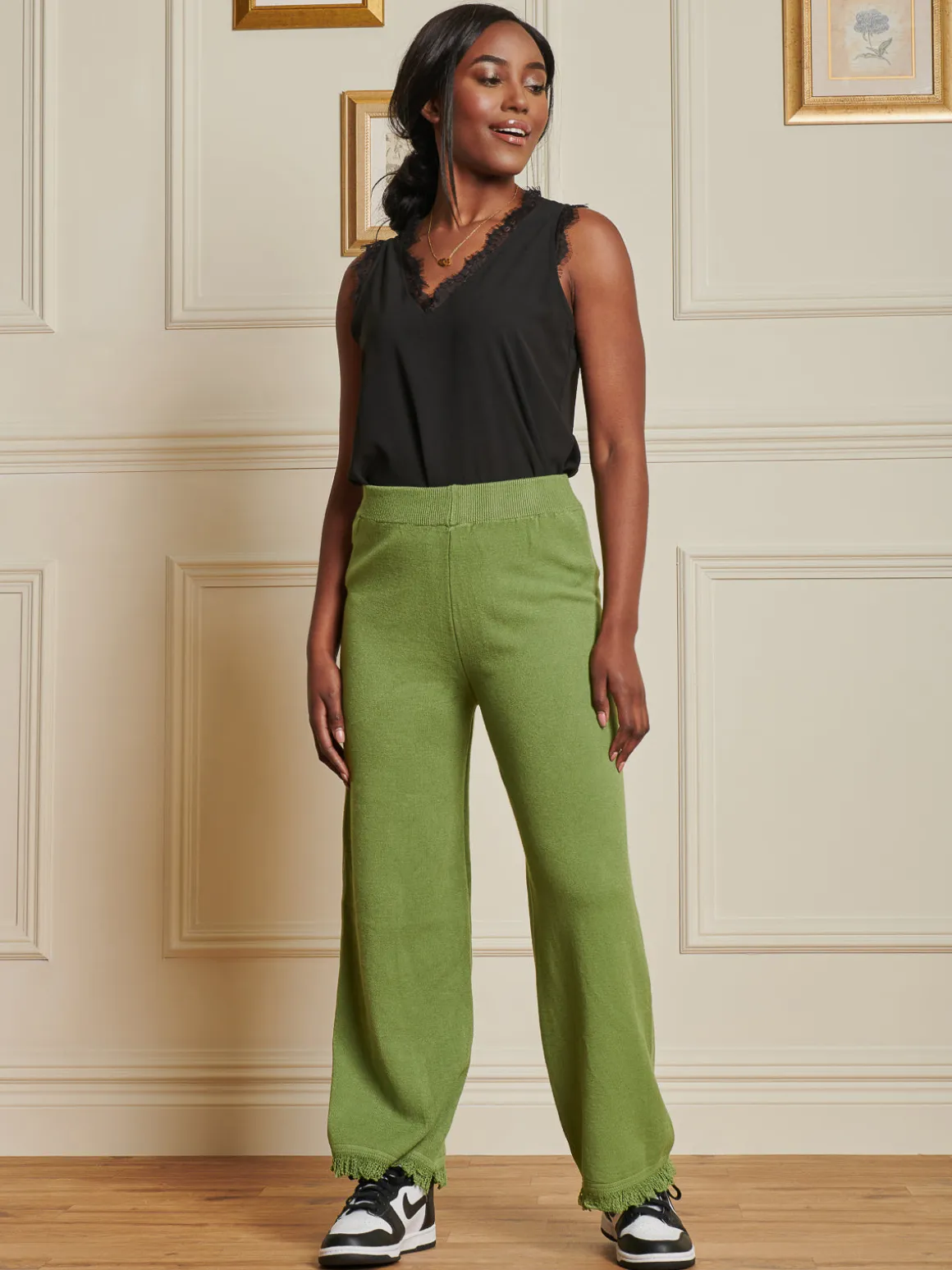 Knitted Fringe Detail Trousers, Olive Green