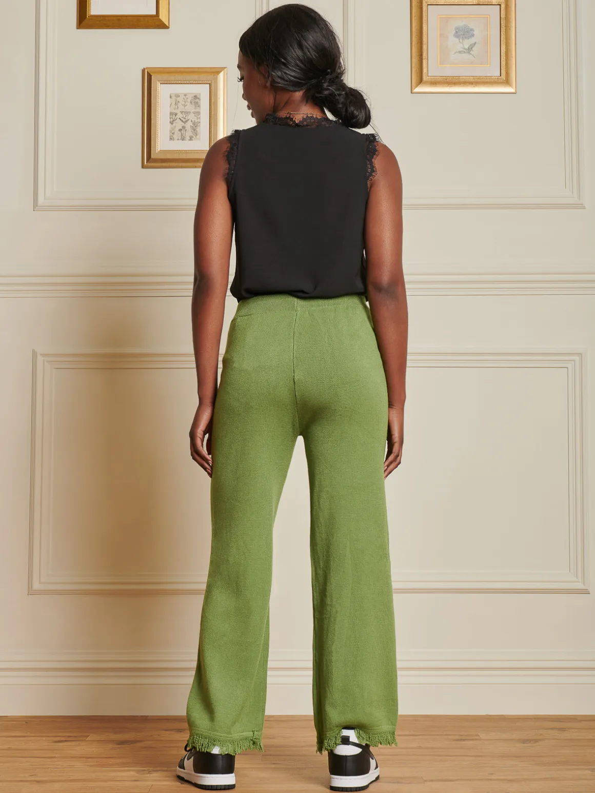 Knitted Fringe Detail Trousers, Olive Green
