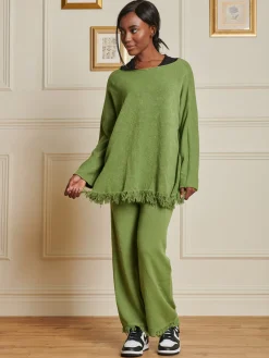 Knitted Fringe Detail Trousers, Olive Green