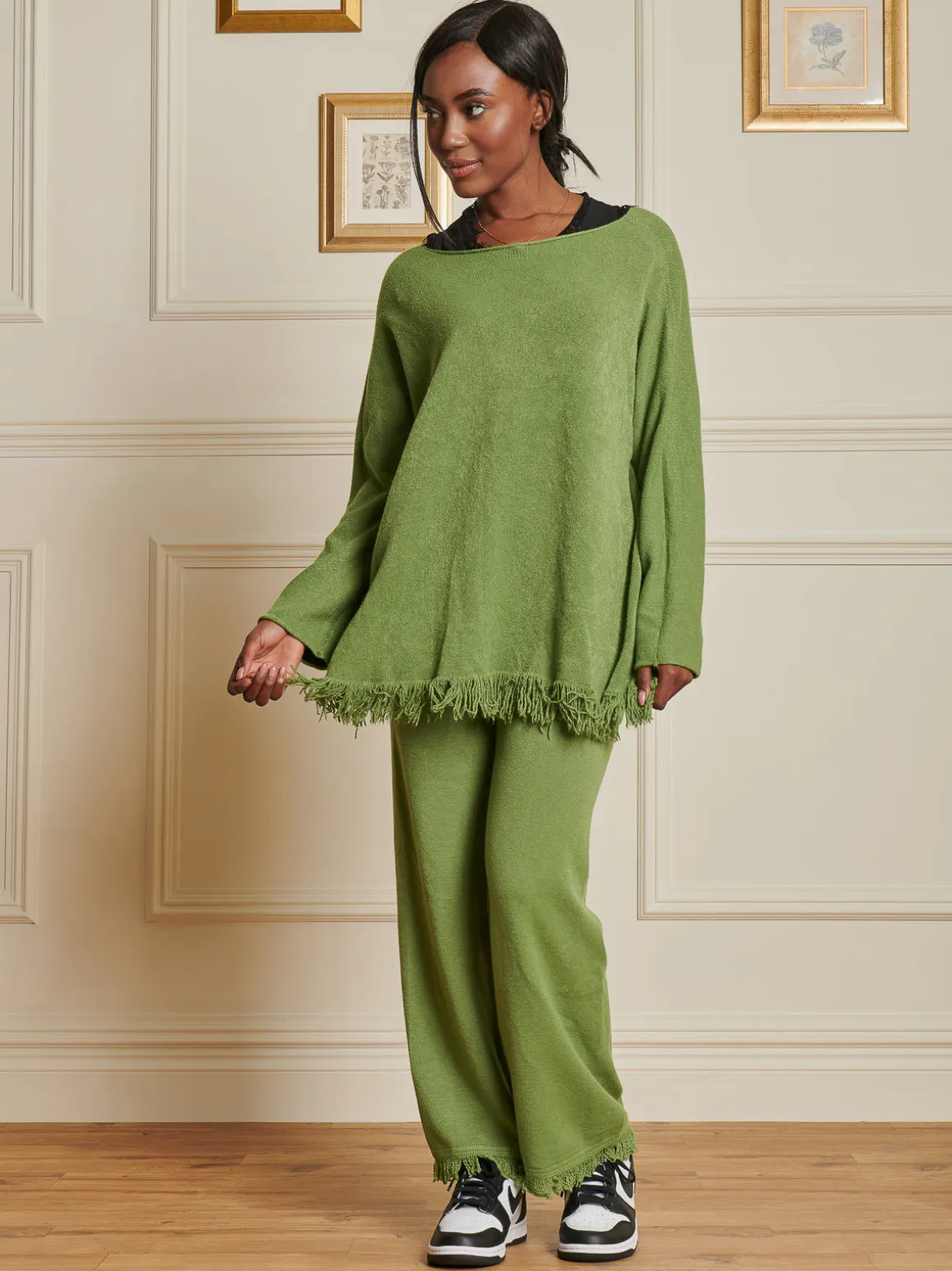 Knitted Fringe Detail Trousers, Olive Green