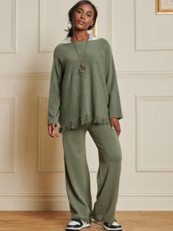 Knitted Fringe Detail Trousers, Soldier Green