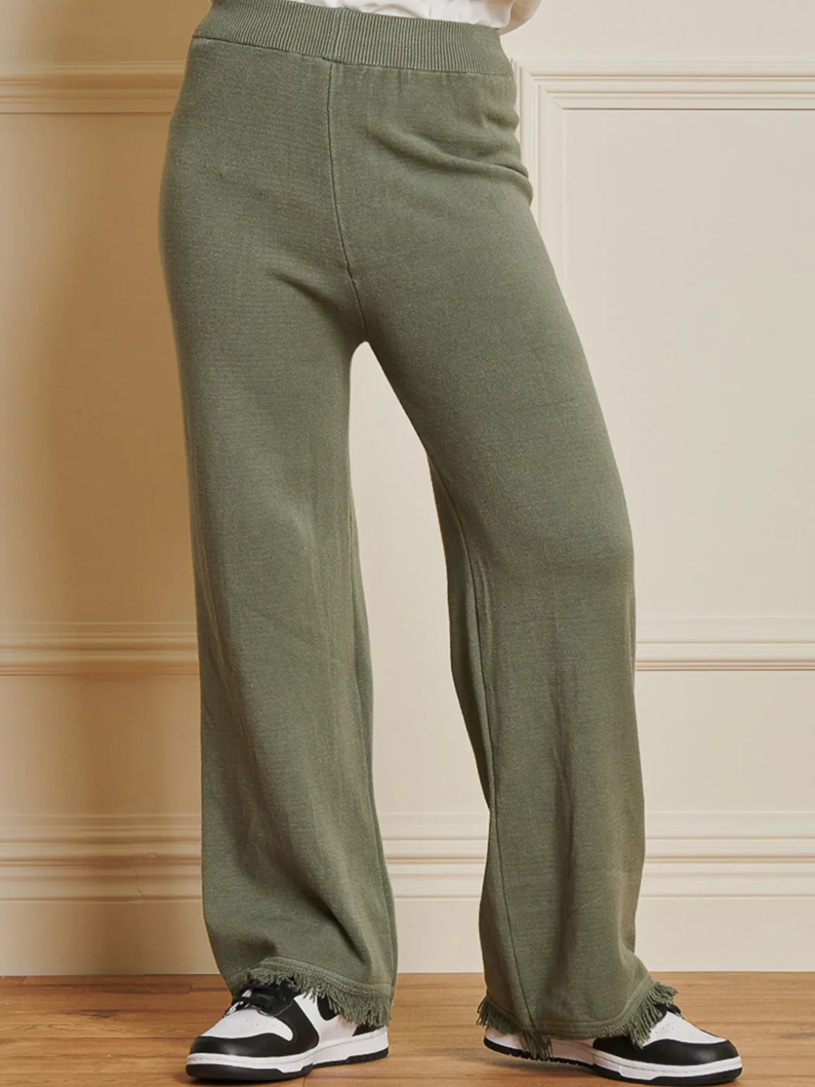 Knitted Fringe Detail Trousers, Soldier Green