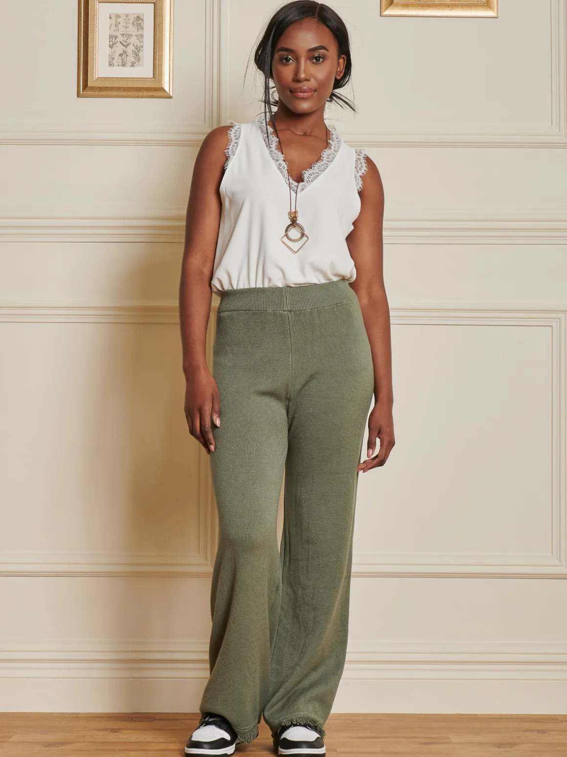 Knitted Fringe Detail Trousers, Soldier Green