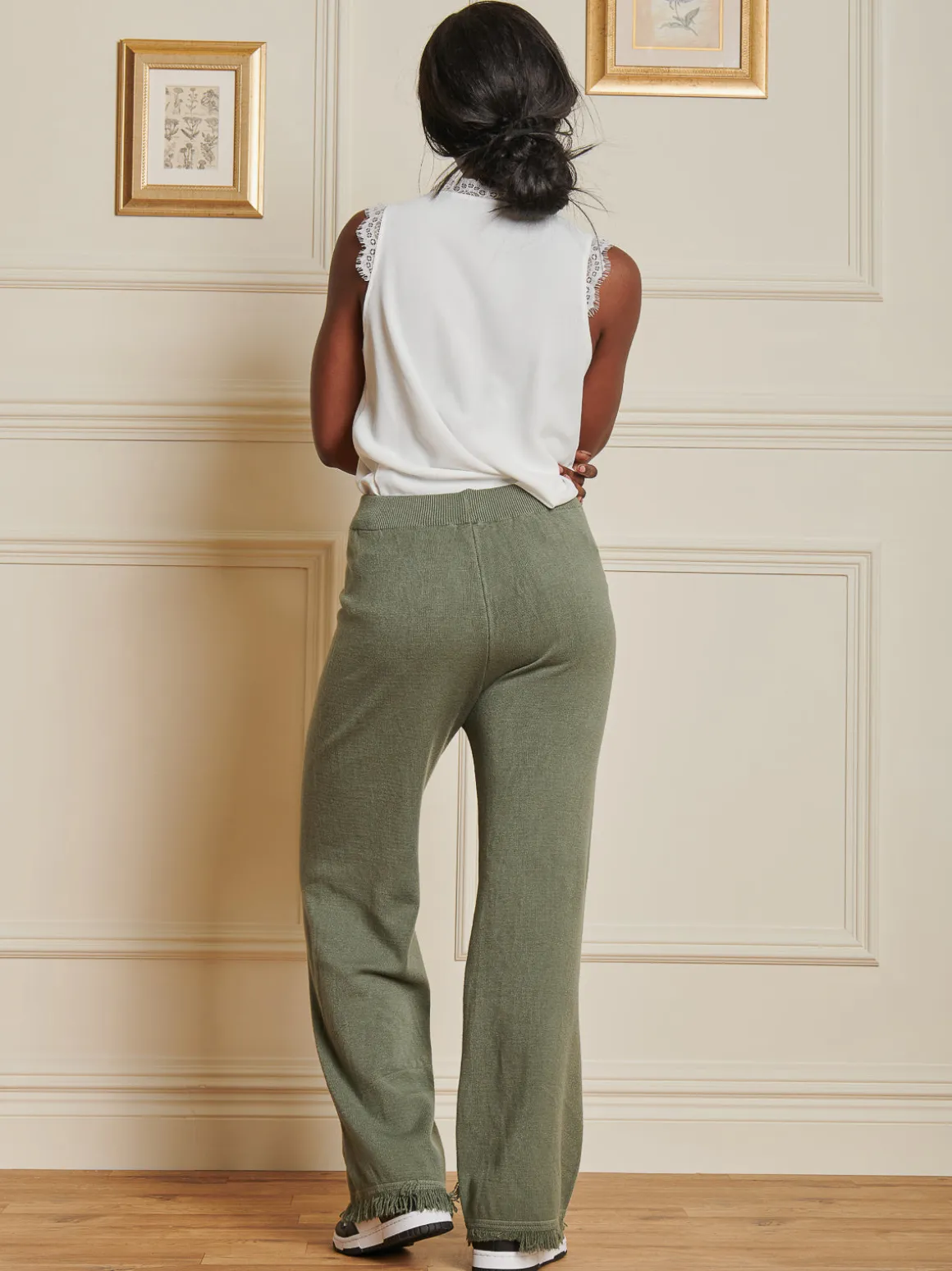 Knitted Fringe Detail Trousers, Soldier Green