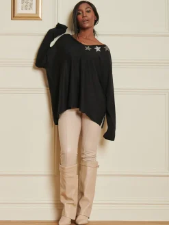 Knitted Rhinestone Star Neck Jumper, Black
