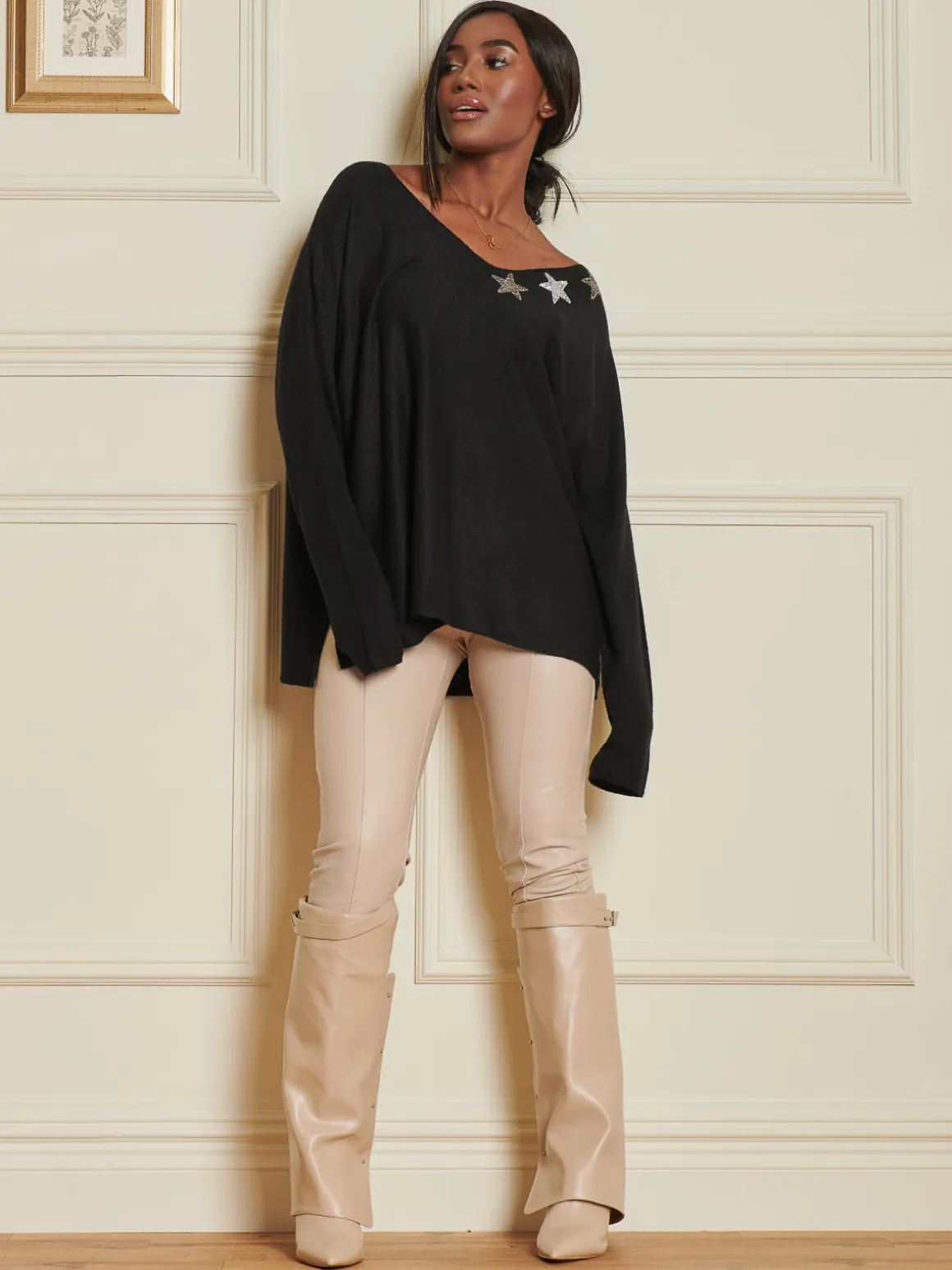 Knitted Rhinestone Star Neck Jumper, Black