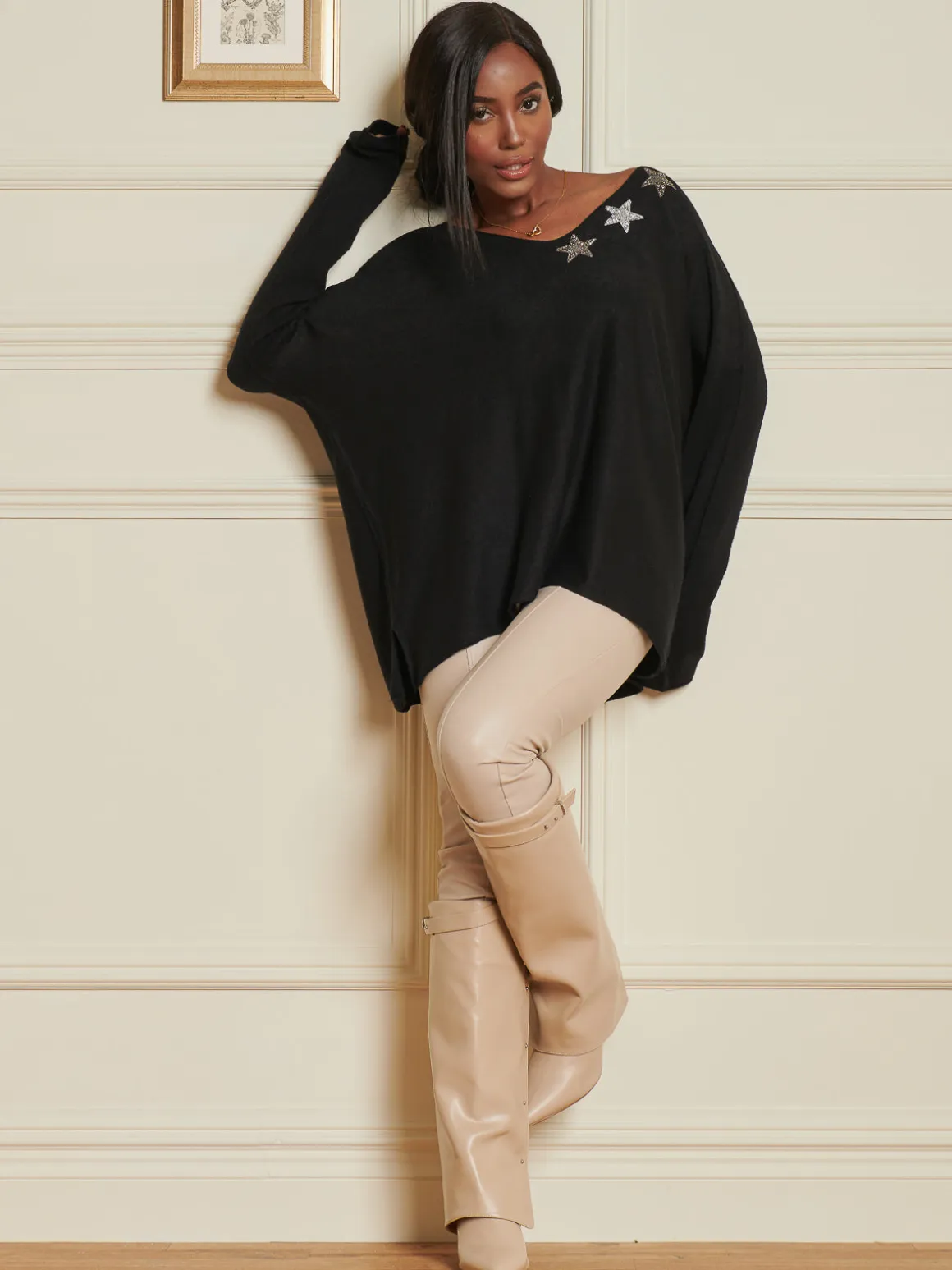 Knitted Rhinestone Star Neck Jumper, Black