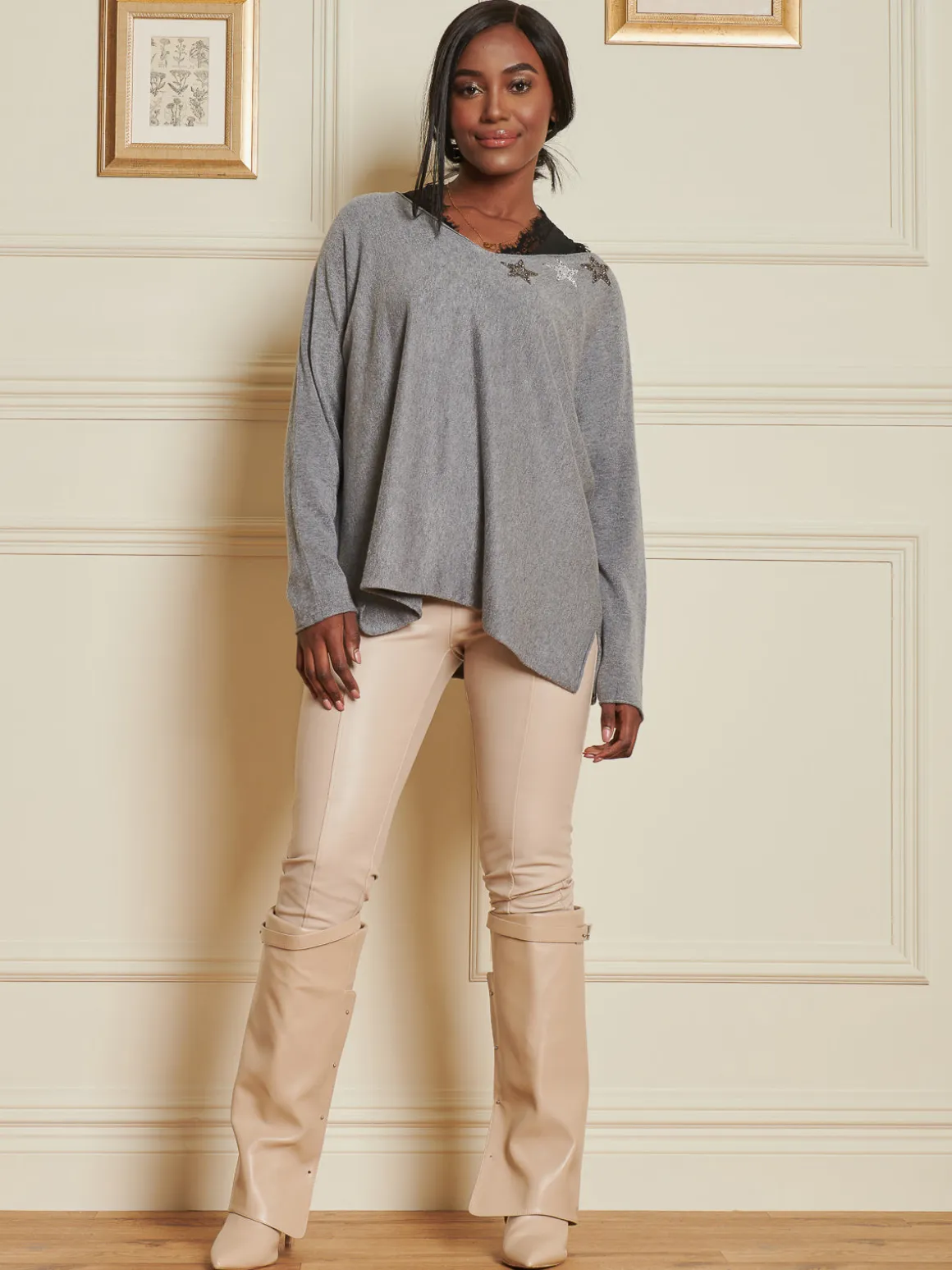 Knitted Rhinestone Star Neck Jumper, Grey