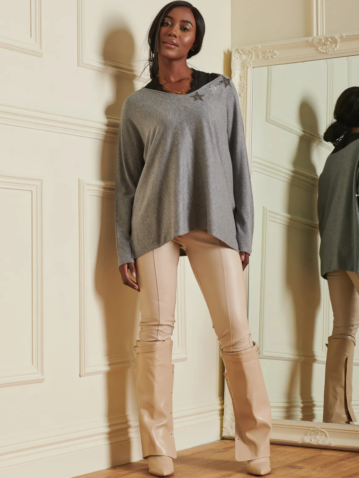 Knitted Rhinestone Star Neck Jumper, Grey