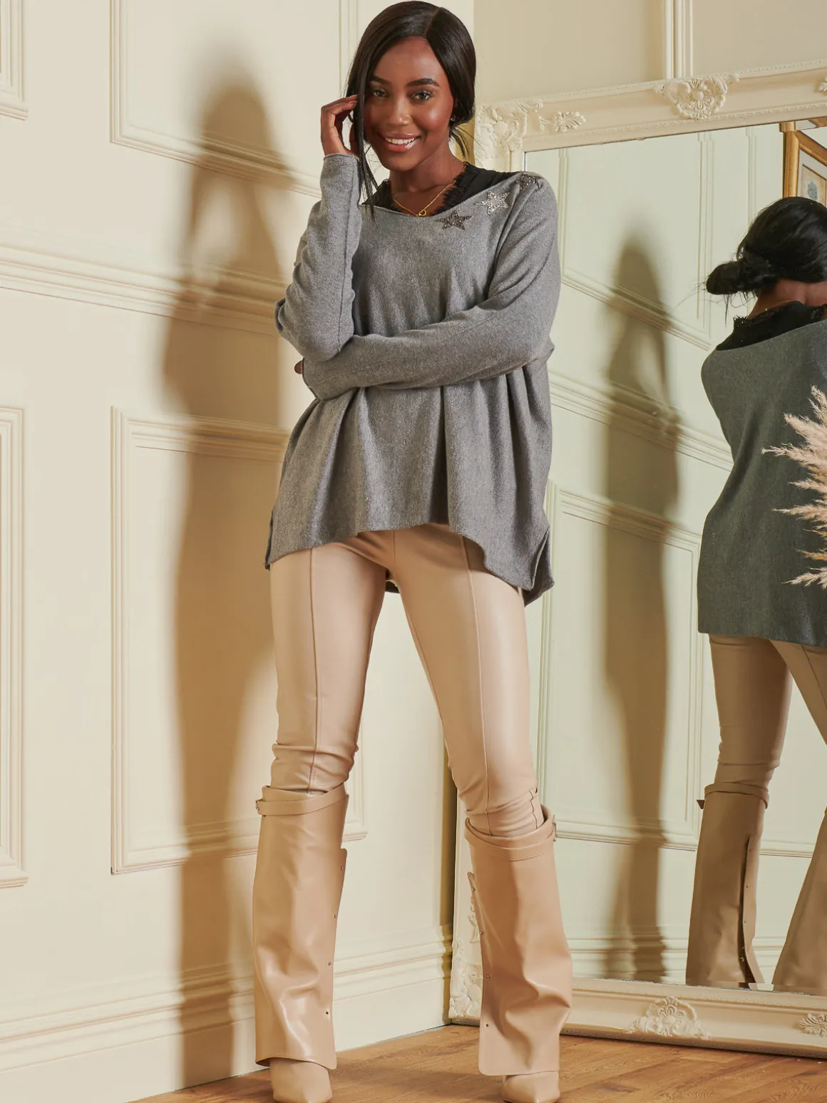 Knitted Rhinestone Star Neck Jumper, Grey