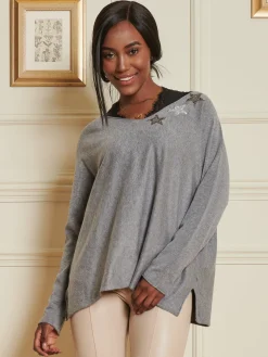 Knitted Rhinestone Star Neck Jumper, Grey