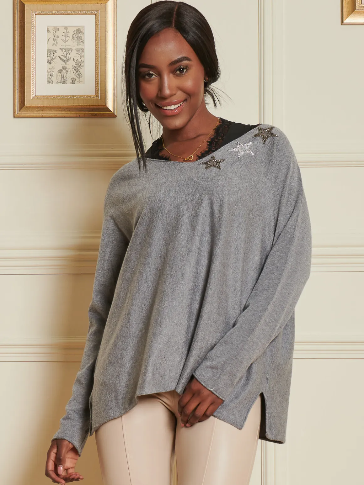 Knitted Rhinestone Star Neck Jumper, Grey