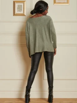 Knitted Rhinestone Star Neck Jumper, Khaki Green
