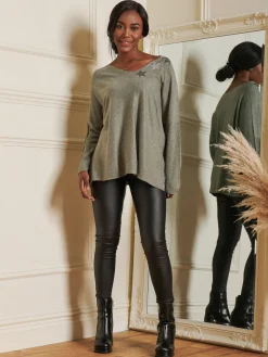 Knitted Rhinestone Star Neck Jumper, Khaki Green