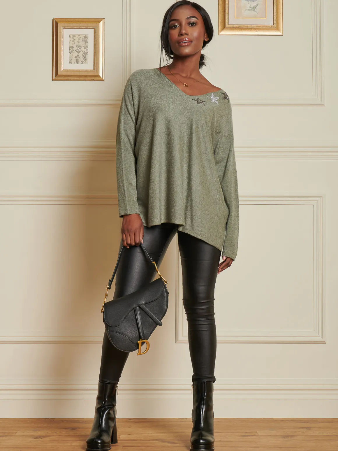 Knitted Rhinestone Star Neck Jumper, Khaki Green