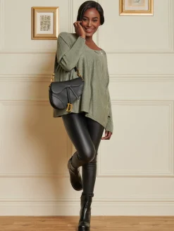 Knitted Rhinestone Star Neck Jumper, Khaki Green