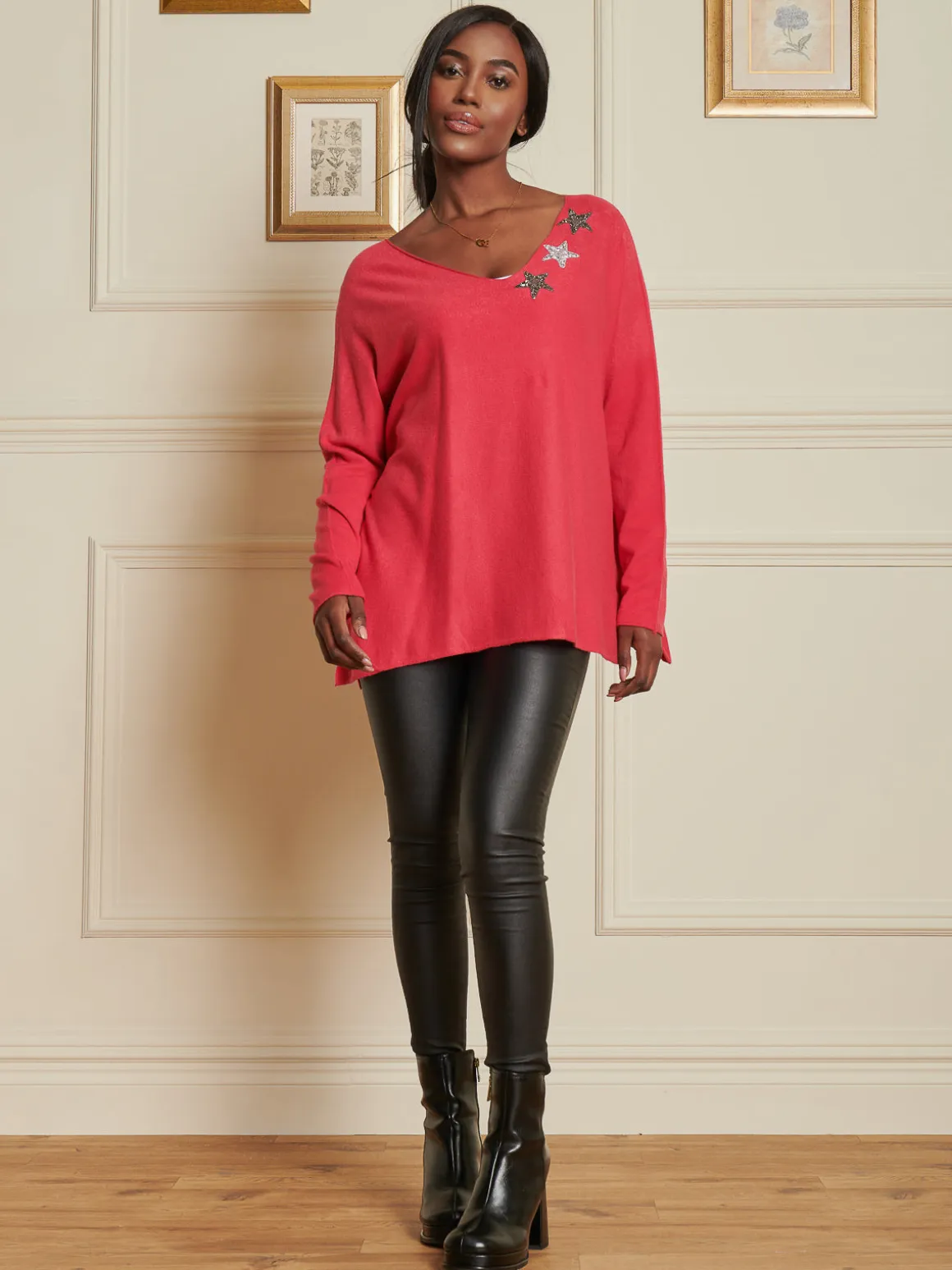 Knitted Rhinestone Star Neck Jumper, Punch Pink