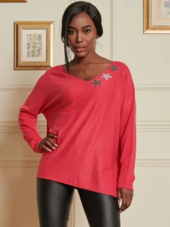 Knitted Rhinestone Star Neck Jumper, Punch Pink