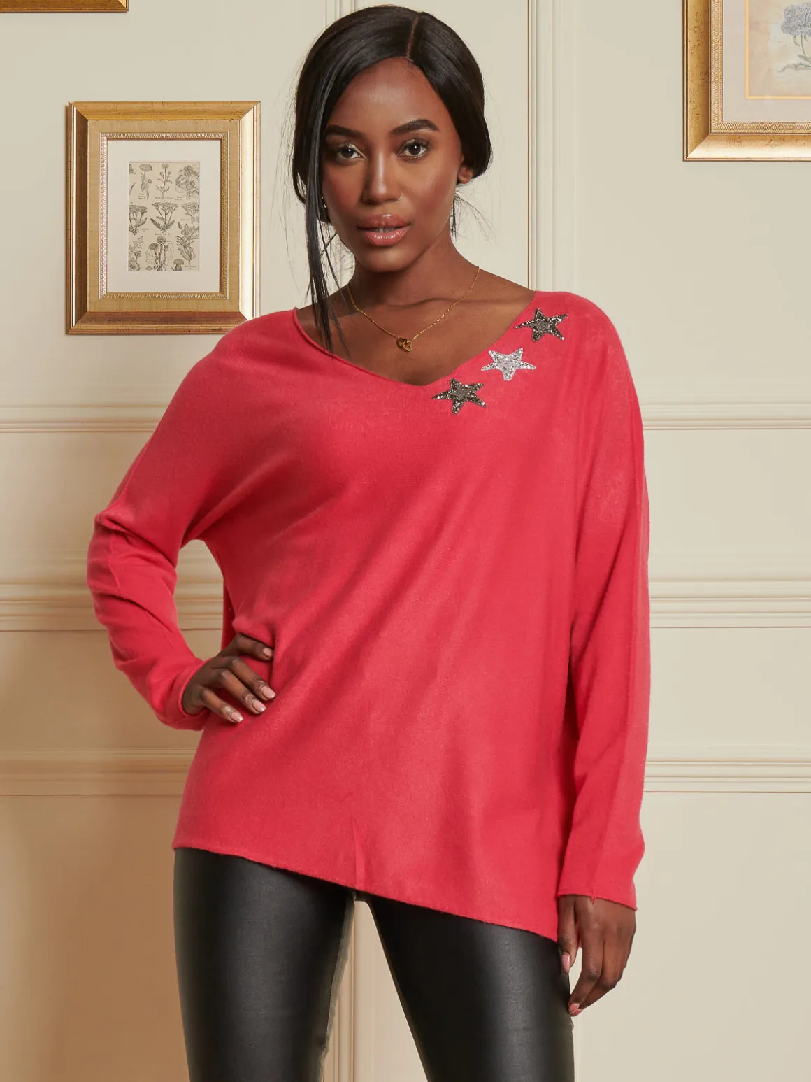 Knitted Rhinestone Star Neck Jumper, Punch Pink