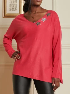 Knitted Rhinestone Star Neck Jumper, Punch Pink