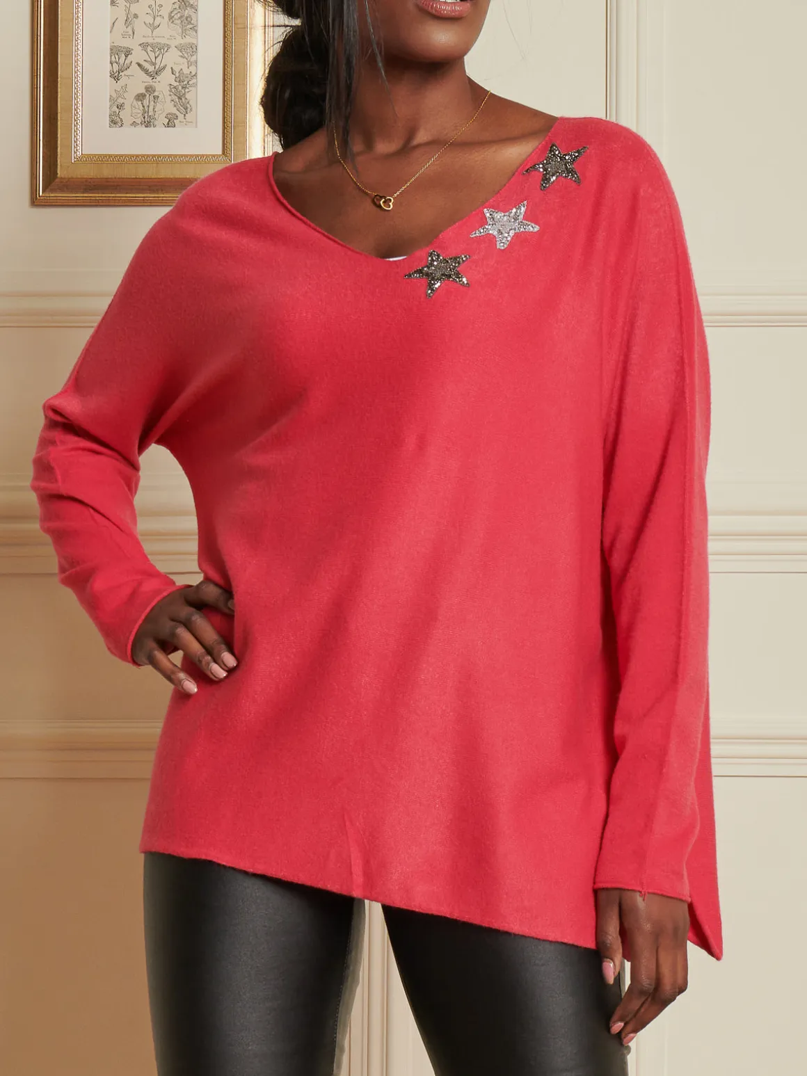 Knitted Rhinestone Star Neck Jumper, Punch Pink