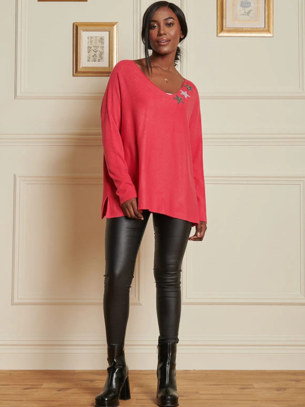 Knitted Rhinestone Star Neck Jumper, Punch Pink