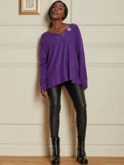 Knitted Rhinestone Star Neck Jumper, Purple