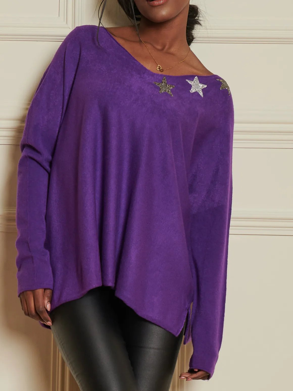 Knitted Rhinestone Star Neck Jumper, Purple