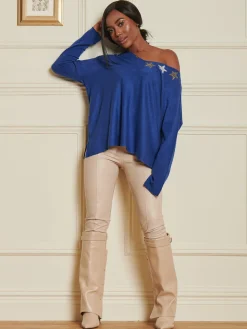Knitted Rhinestone Star Neck Jumper, Royal Blue