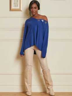 Knitted Rhinestone Star Neck Jumper, Royal Blue
