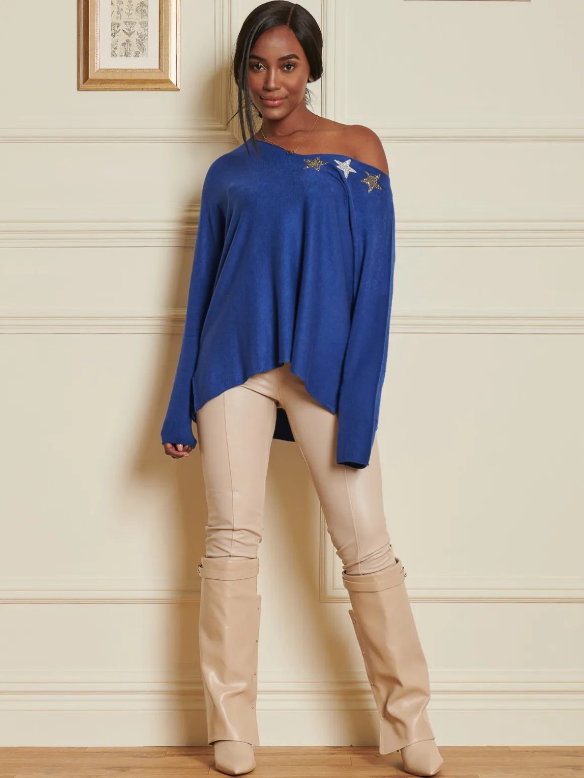 Knitted Rhinestone Star Neck Jumper, Royal Blue