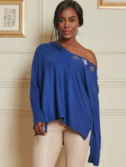 Knitted Rhinestone Star Neck Jumper, Royal Blue