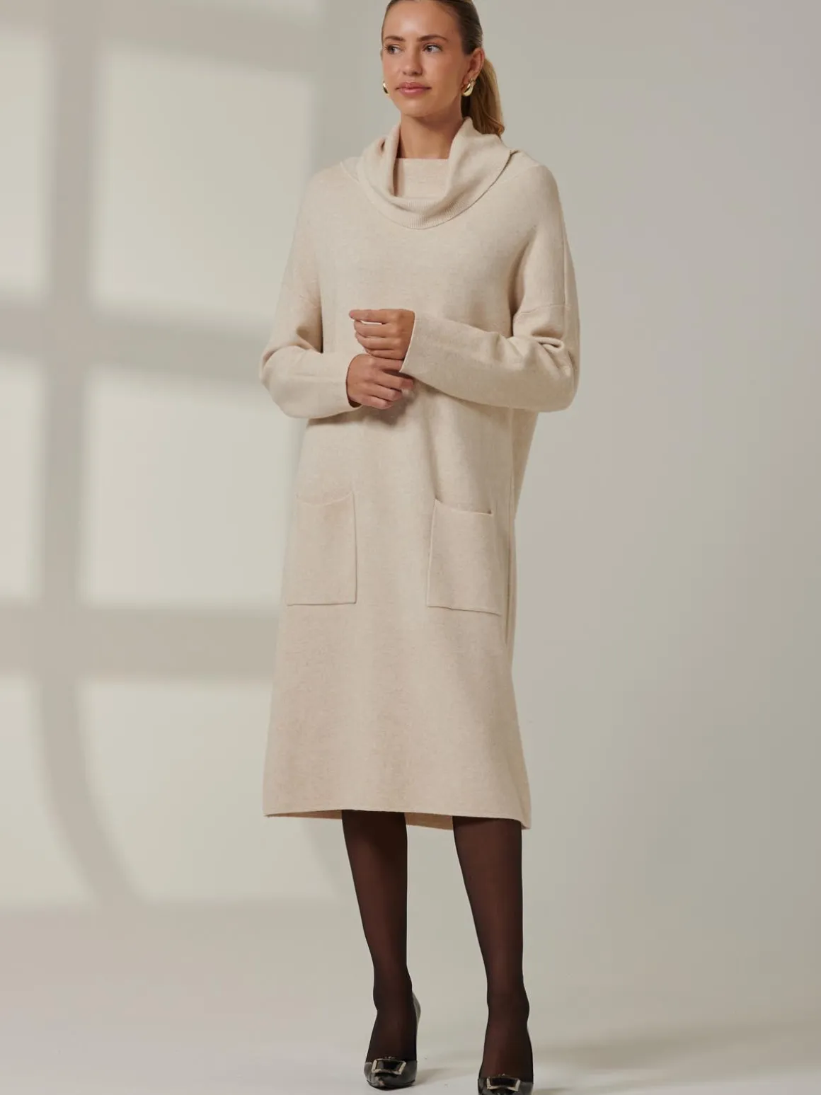 Knitted Turtleneck Longline Jumper, Beige Heather