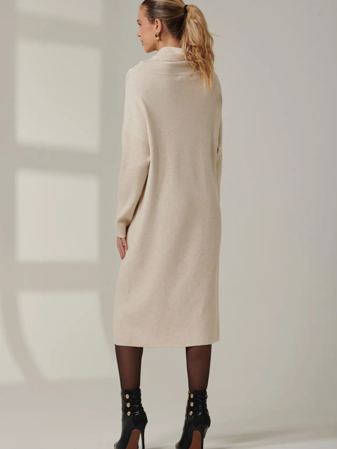 Knitted Turtleneck Longline Jumper, Beige Heather