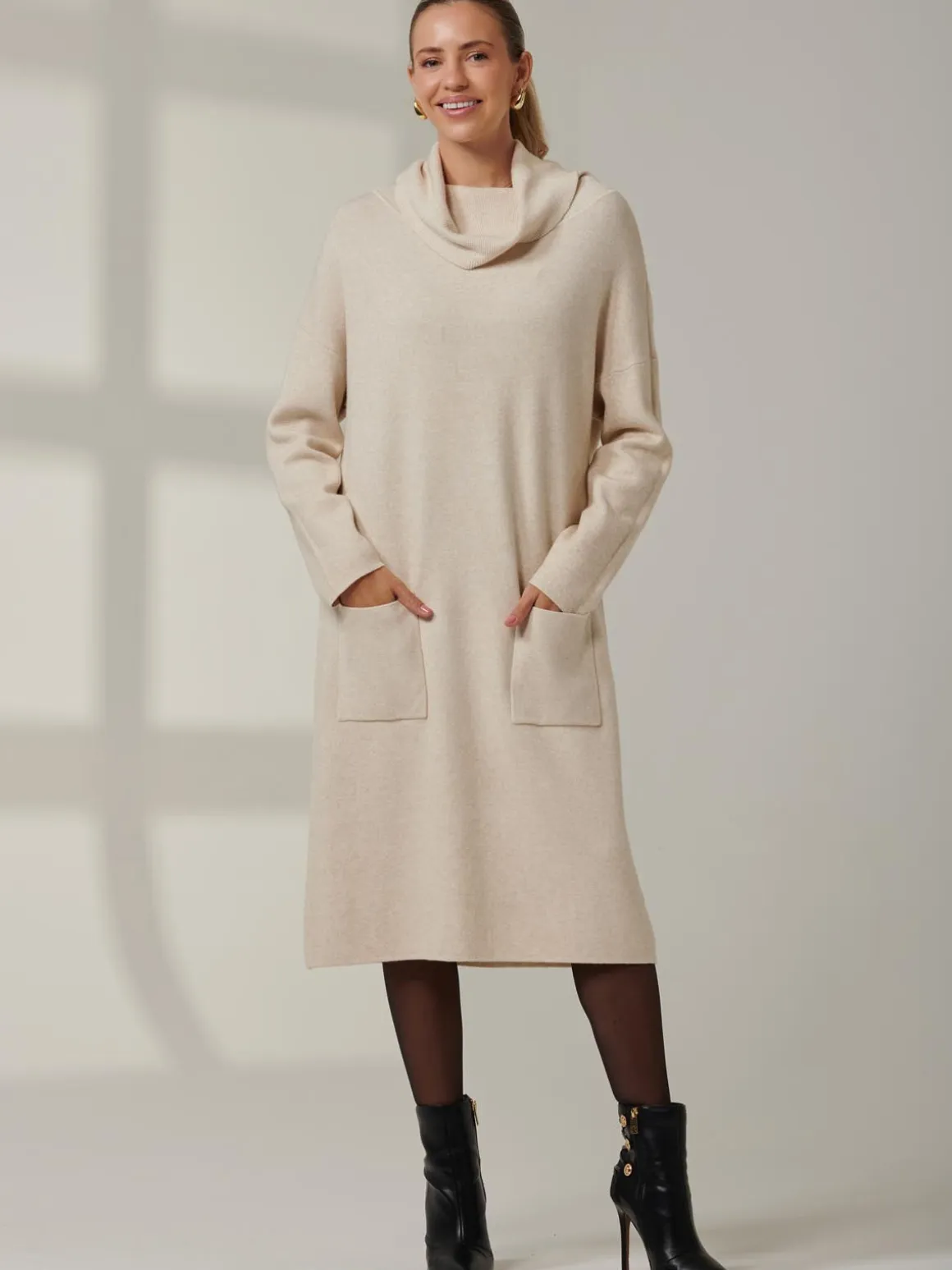 Knitted Turtleneck Longline Jumper, Beige Heather